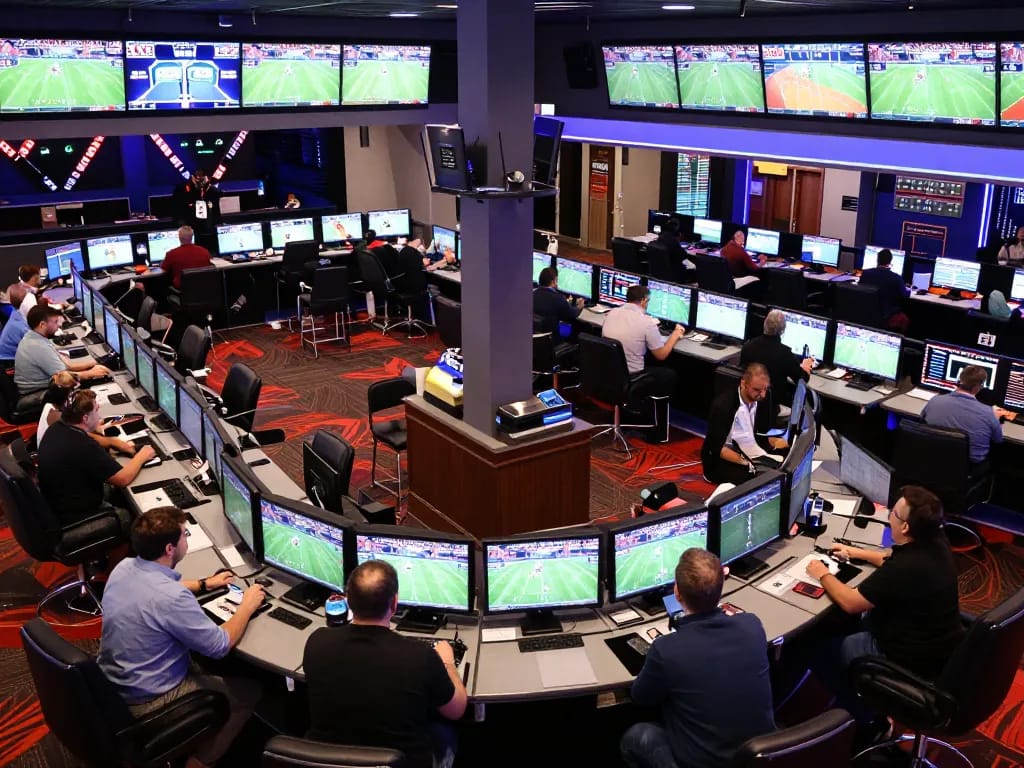 Excited bettors analyzing odds on kèo nhà cái 5 at a vibrant sportsbook, capturing live betting ambiance.