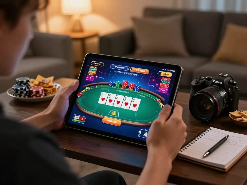Permainan poker online yang menarik di tablet, menyoroti permainan strategis di https://www.webtransportdeal.com/fr/ dalam suasana nyaman di rumah.