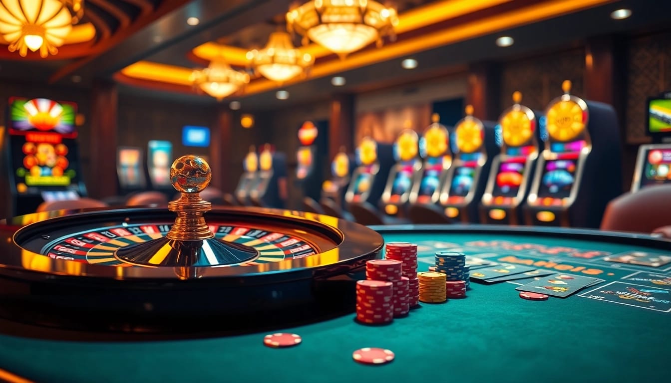 Experience thrilling gameplay with 999BET in a vibrant casino scene featuring poker chips, cards, and roulette.