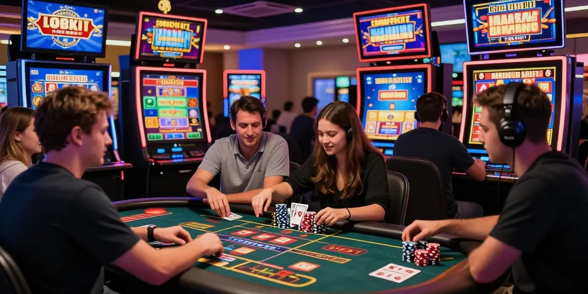 Exciting gaming scene featuring players at credit card casinos on https://thebls.org.uk, with vibrant screens and stacked chips.