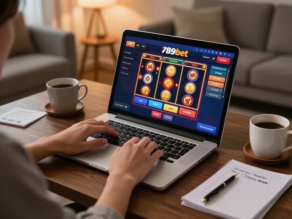 Engaging in online casino gameplay on 789bet, featuring vibrant game interface and cozy home setup.