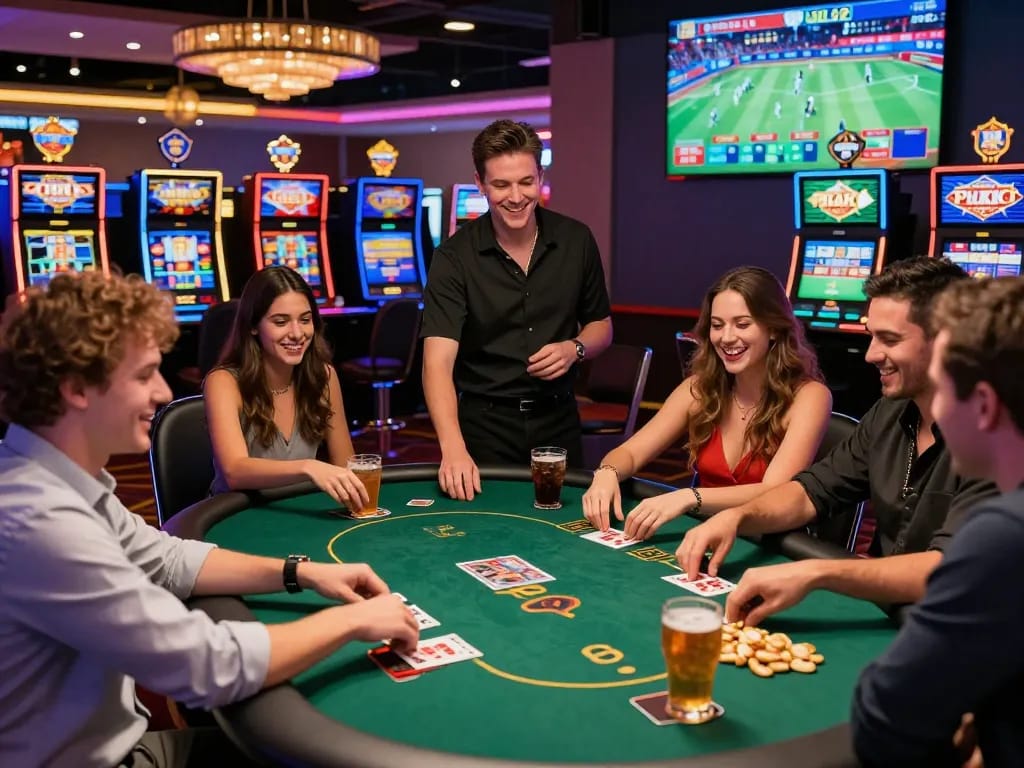 Friends enjoying games in a lively casino setting, showcasing OPEN88 COM energy and excitement in a vibrant atmosphere.