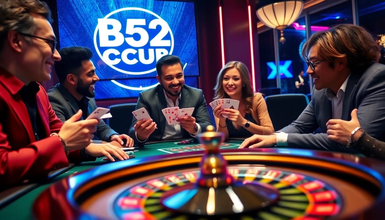 B52 CLUB players enjoying an engaging game at a vibrant casino table with cards and chips.