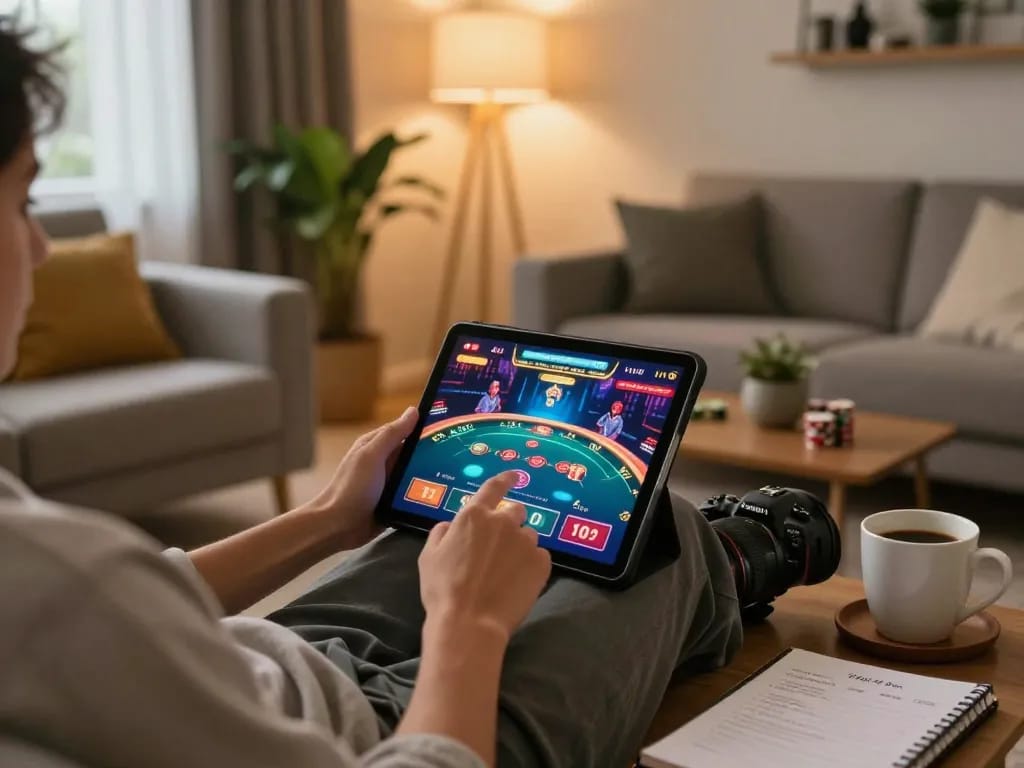 Person engaging with the bem88 online casino on tablet, bright gaming interface and cozy home setup.