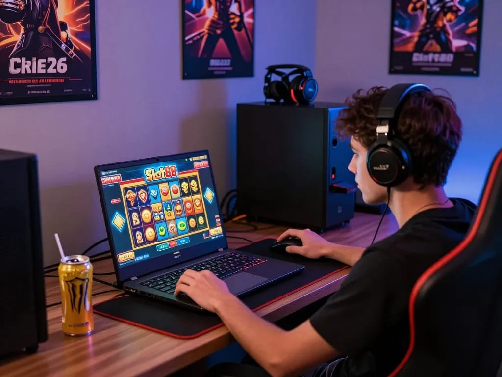 Exciting gaming scene with a player immersed in dash88 Slot88, colorful game graphics illuminating the gaming setup.
