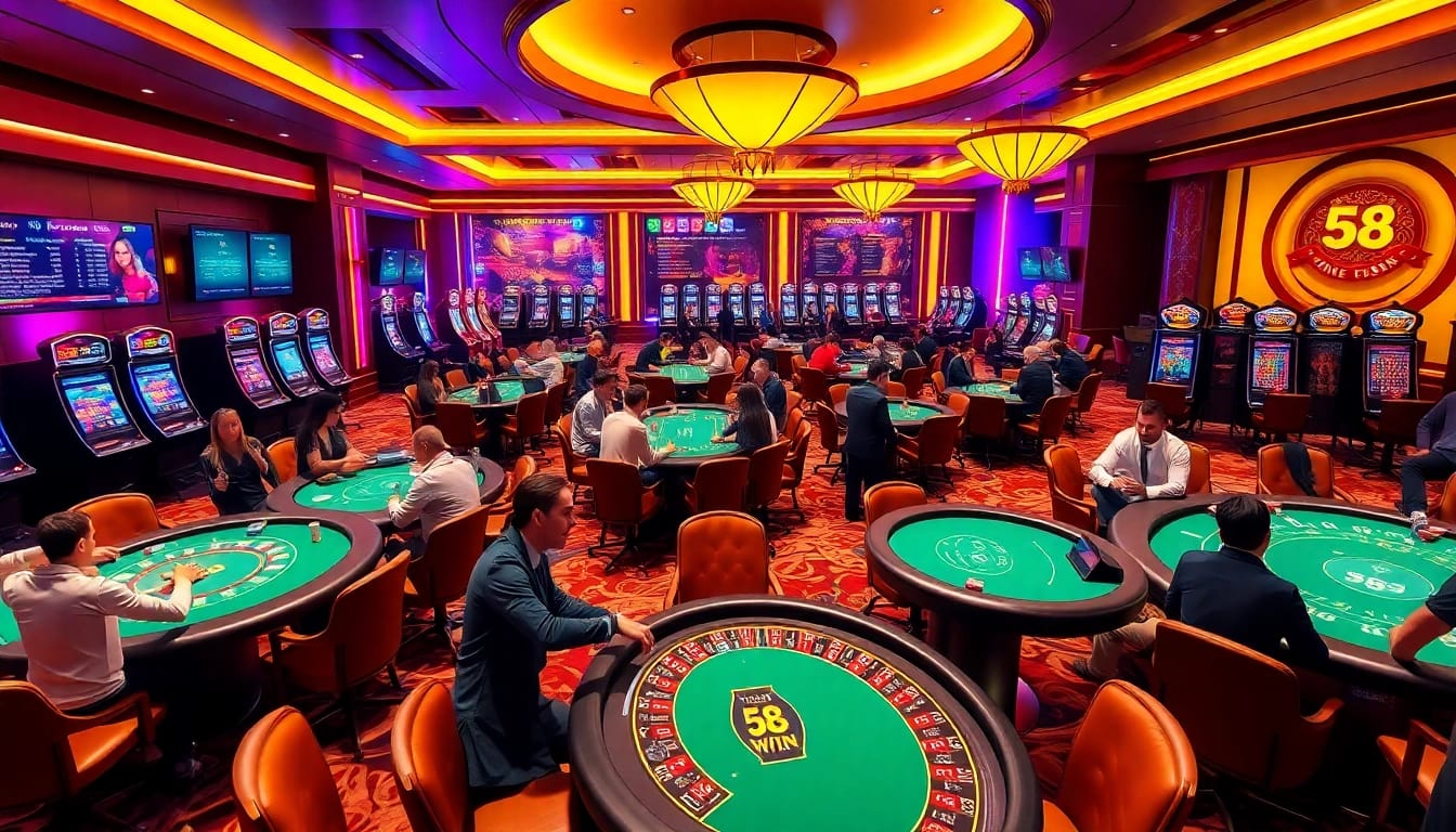 Players enjoying games at 58win casino, showcasing vibrant tables and excitement.