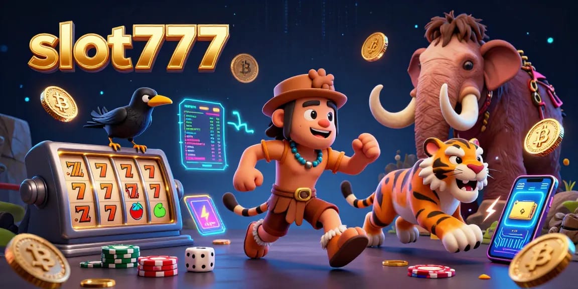 Experience dynamic gameplay at slot777 with a cartoon caveman and sabertooth duo in a vibrant casino.