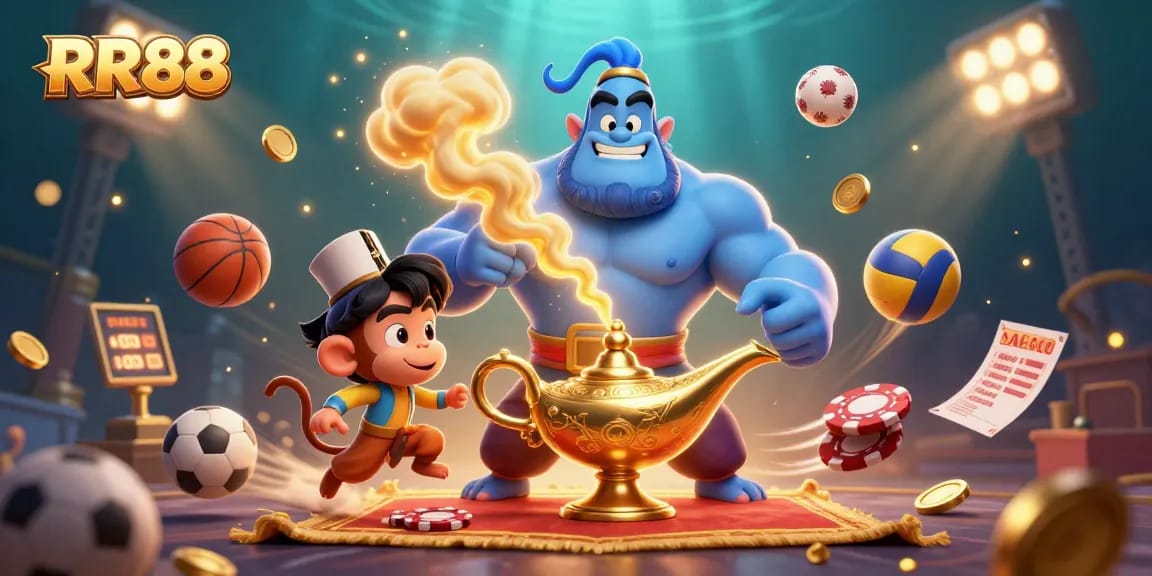 Experience the thrill of RR88 with a captivating scene featuring a blue genie, monkey, and poker chips amidst dynamic sports elements.