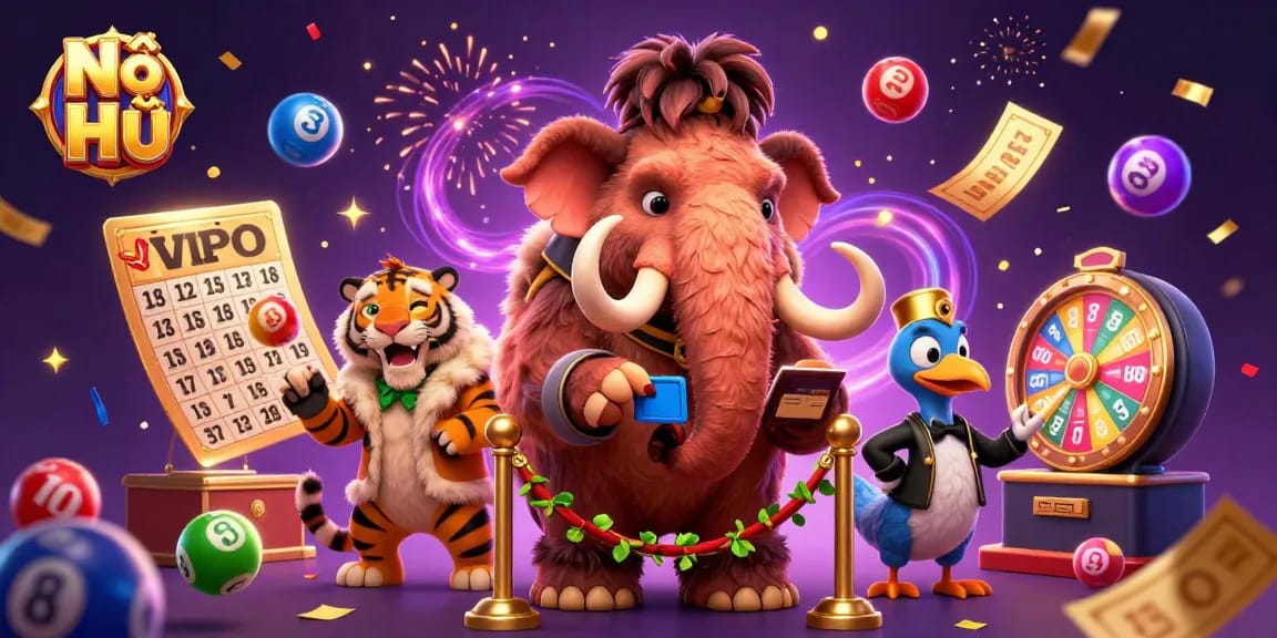 Experience vibrant Nổ Hũ excitement with a 3D casino illustration featuring a woolly mammoth bouncer.
