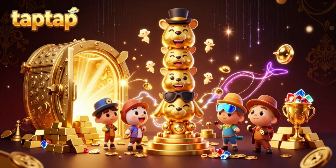 Menangkan dengan taptap, menampilkan totem kasino kaya harta dan keberuntungan.
