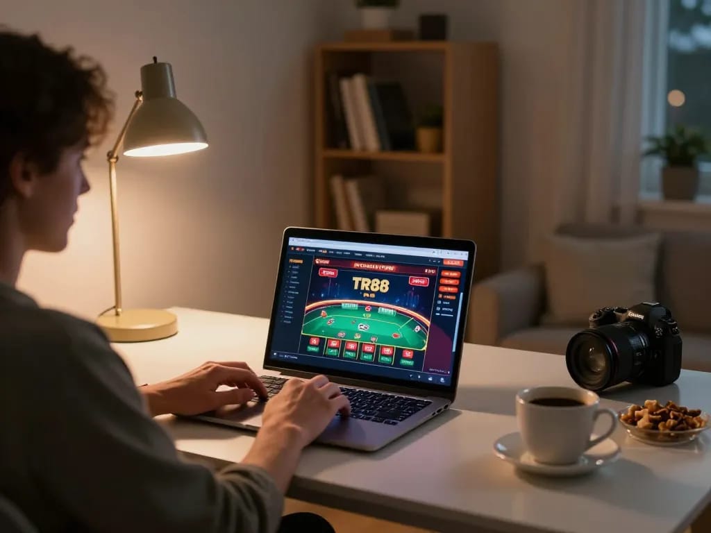 Person actively engaged in TR88 online poker game with snacks and coffee in a cozy home environment.