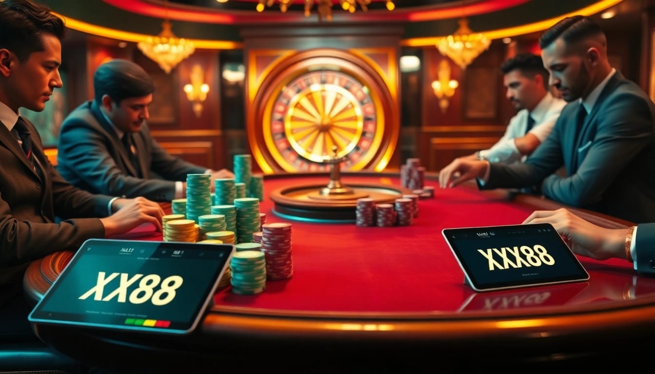 Players immerse in high-stakes poker at XX88, showcasing excitement and strategy.