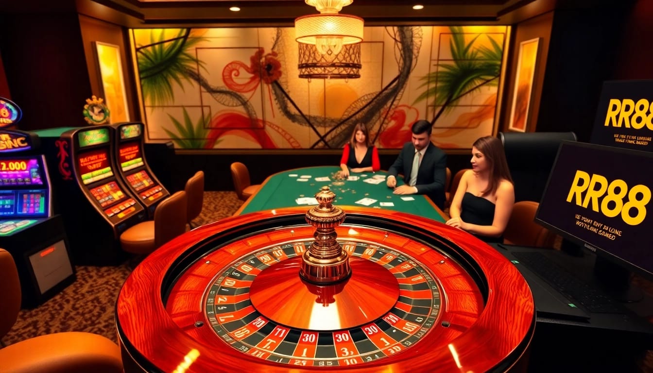 Players enjoying a thrilling casino experience at https://rr88.mov/ with vibrant slot machines and poker tables.