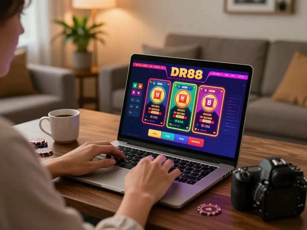 Player engaging with DR88 online gaming platform in cozy home setting