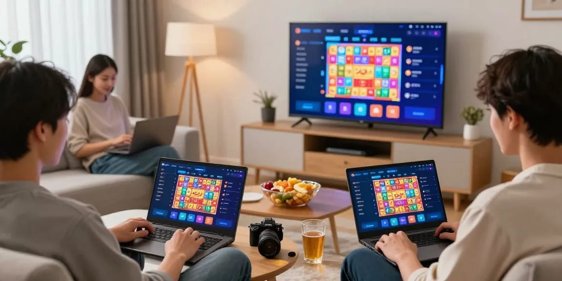 Pengguna terjun4d menikmati permainan Toto 4D dan slot online di ruang tamu yang nyaman.