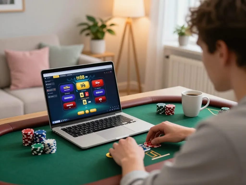 Engaged player using tt88 nohu platform, focused on an online poker game from cozy home.