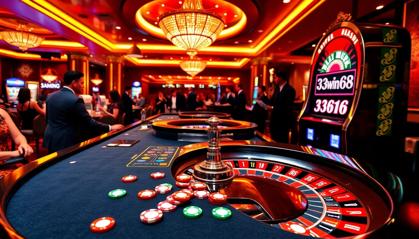 Exciting gambling scene at 33win68 casino with roulette, poker chips, and players.
