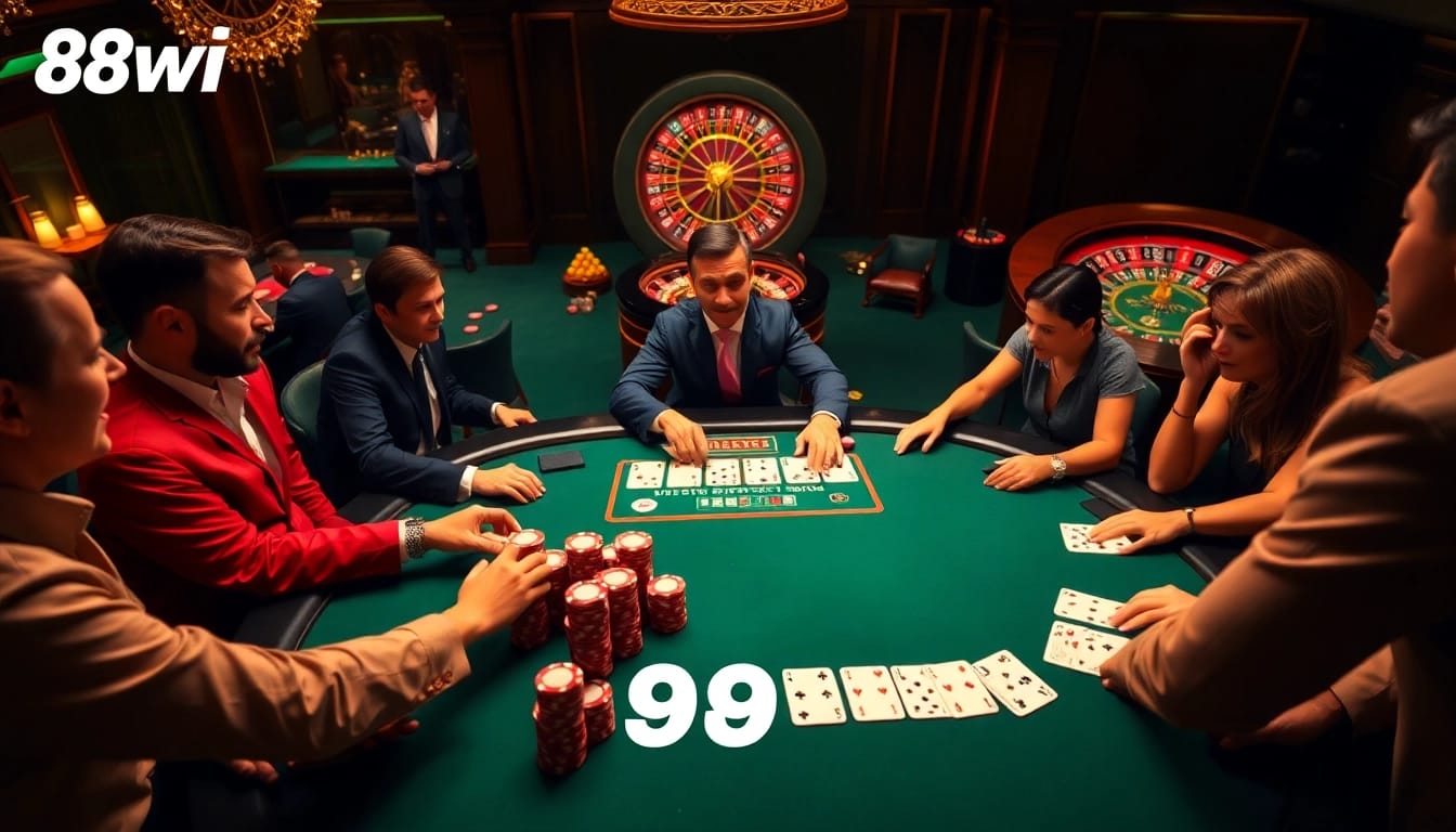 Experience thrilling poker action at 98win casino with vibrant chips and elegant tables.