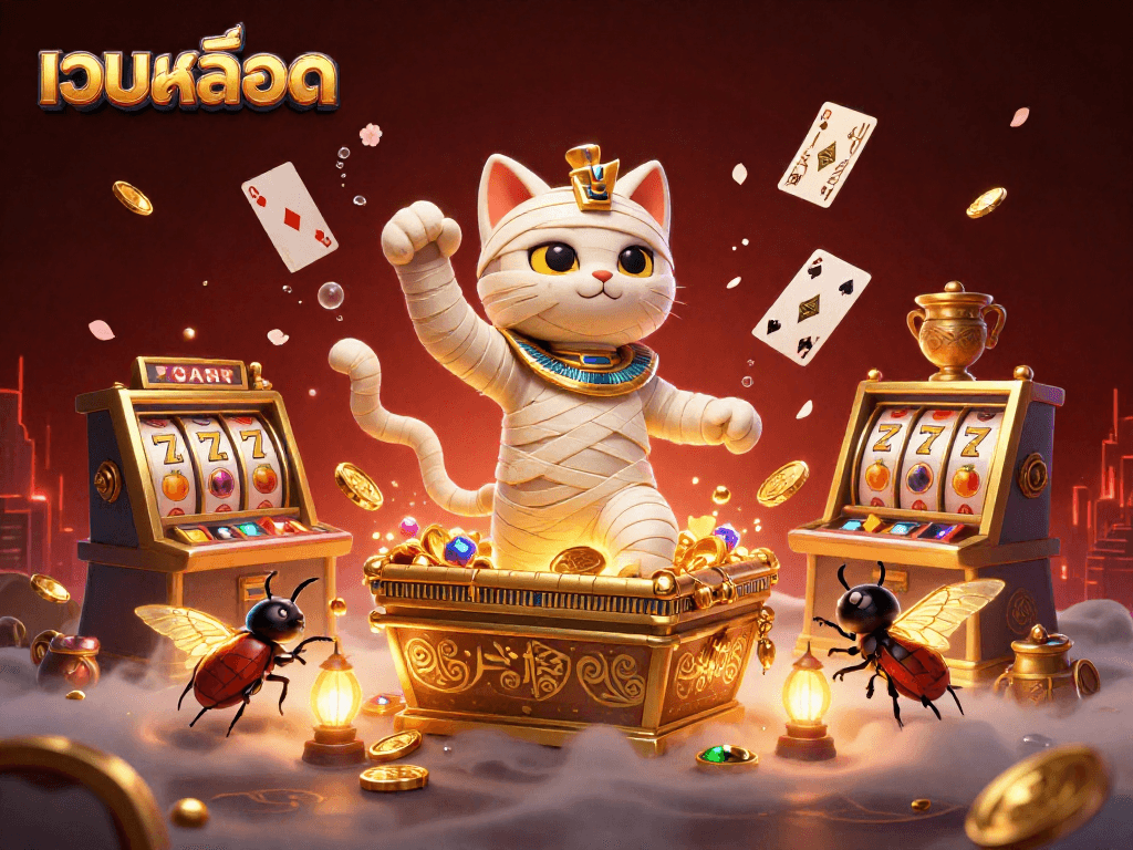 Engage with เว็บสล็อต through an exciting 3D scene featuring a mummy cat and casino elements.
