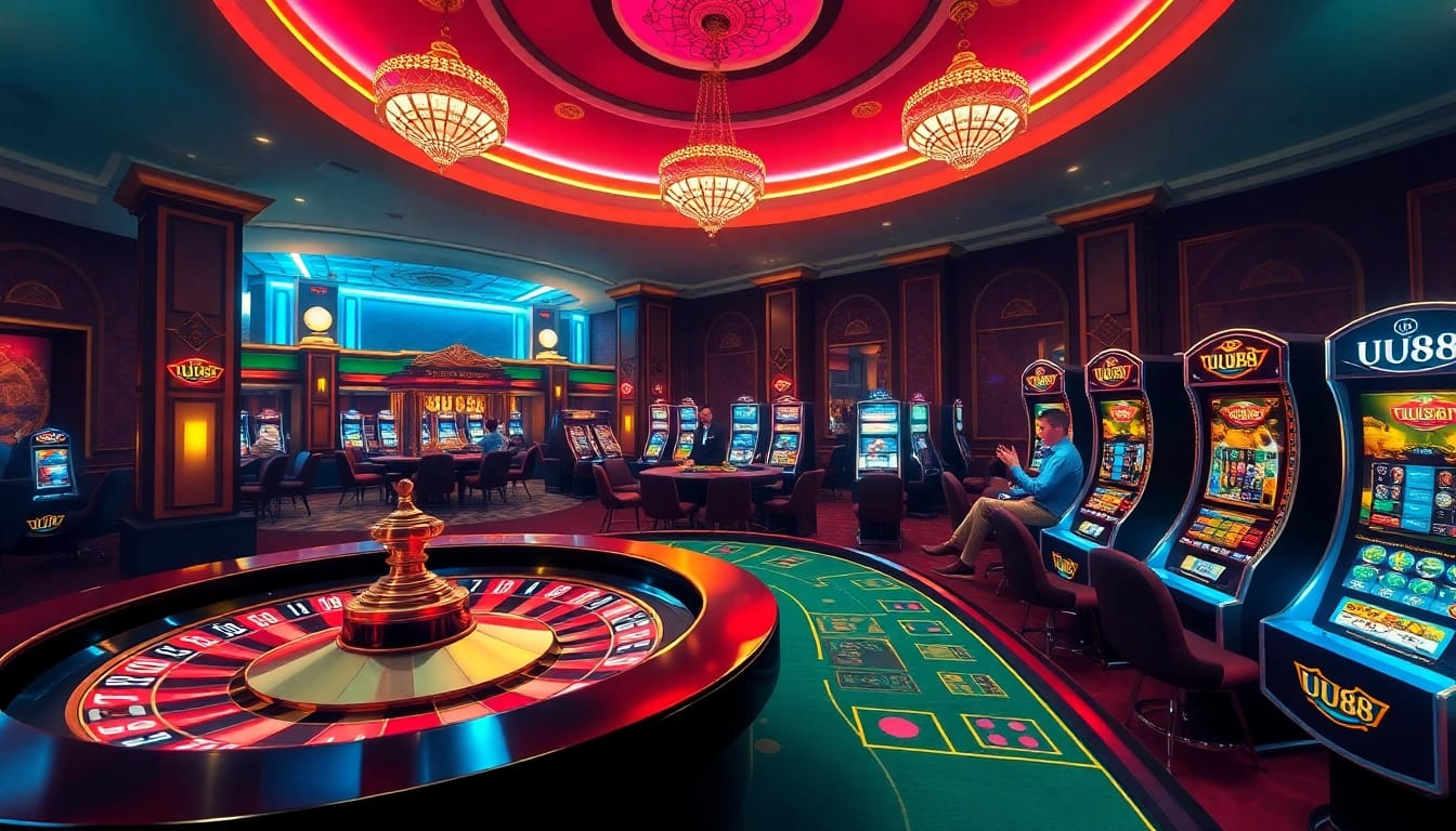 Players experiencing the thrill of gambling at UU88, featuring a vibrant casino atmosphere.