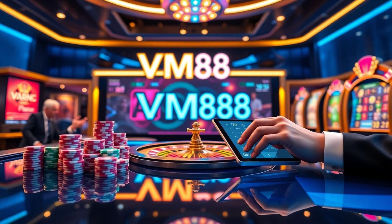 VM88 digital casino interface displaying live betting, poker chips, and roulette wheel in action