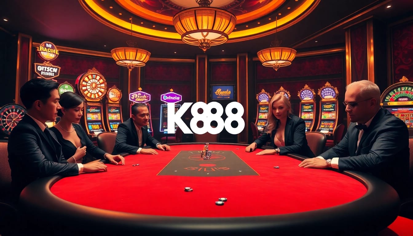 K88 poker players strategizing at a luxurious casino table with dynamic atmosphere