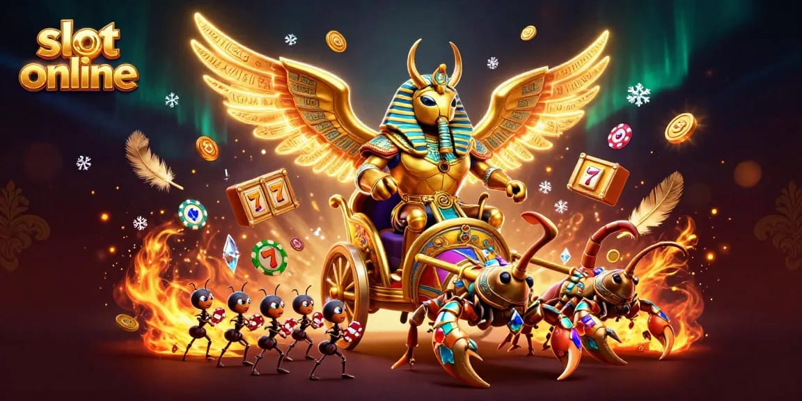 Experience the thrill of slot online with a vibrant 3D scene full of casino elements.