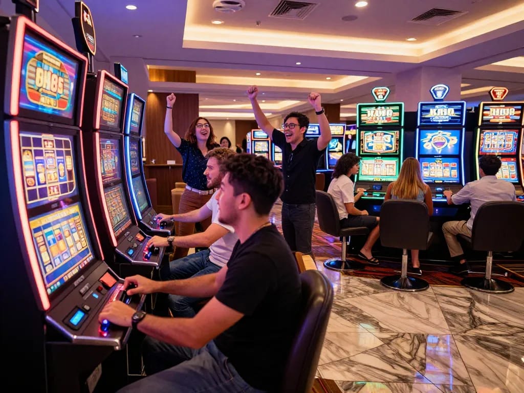 Players enjoying the thrill of slot88 machines in a vibrant casino atmosphere