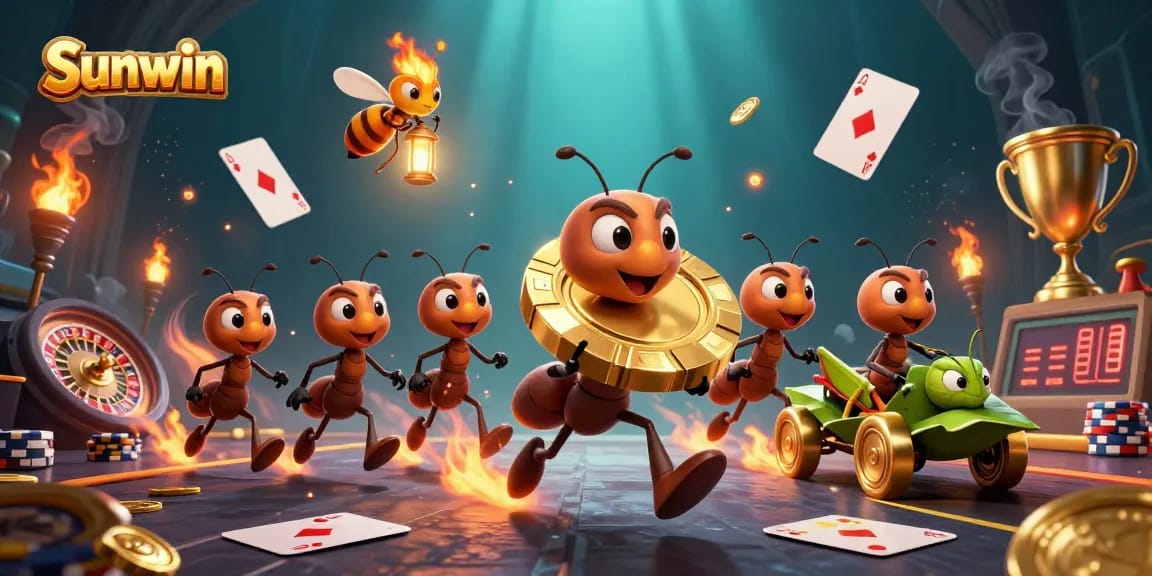 Experience thrilling action at Sunwin with ants carrying a giant poker chip in a vibrant casino heist scene.
