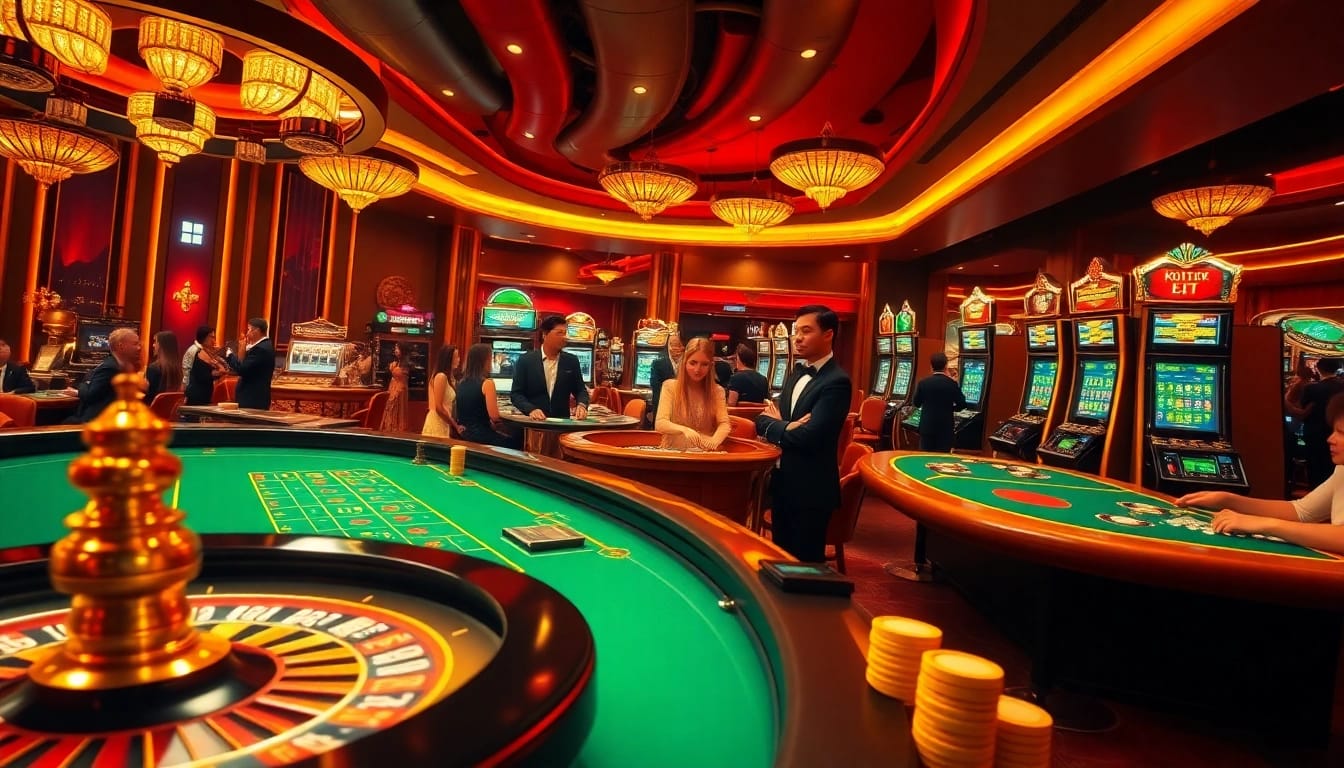 Exciting gambling atmosphere at nhà cái rr88 with roulette and poker tables in a luxurious setting.