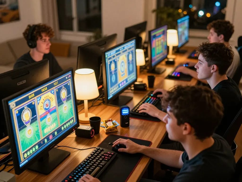 Enthusiastic players strategizing wins at situs slot in a cozy home gaming setup