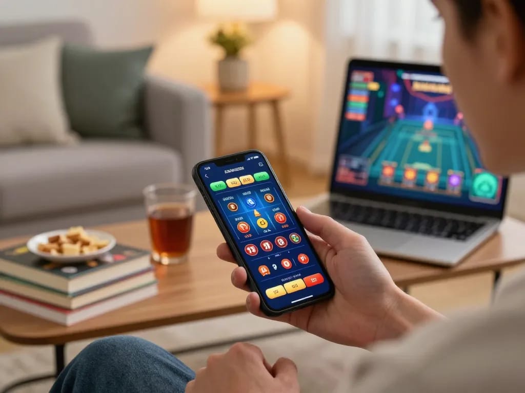 Engaging with the macan33 casino app on a smartphone during a cozy home gaming session.