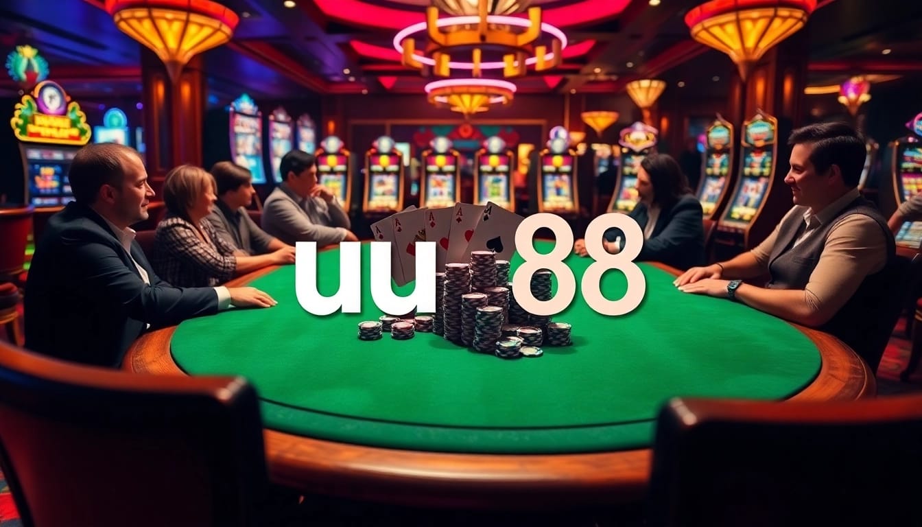 Players enjoying poker at uu88 casino table, vibrant chips and cards featured prominently.