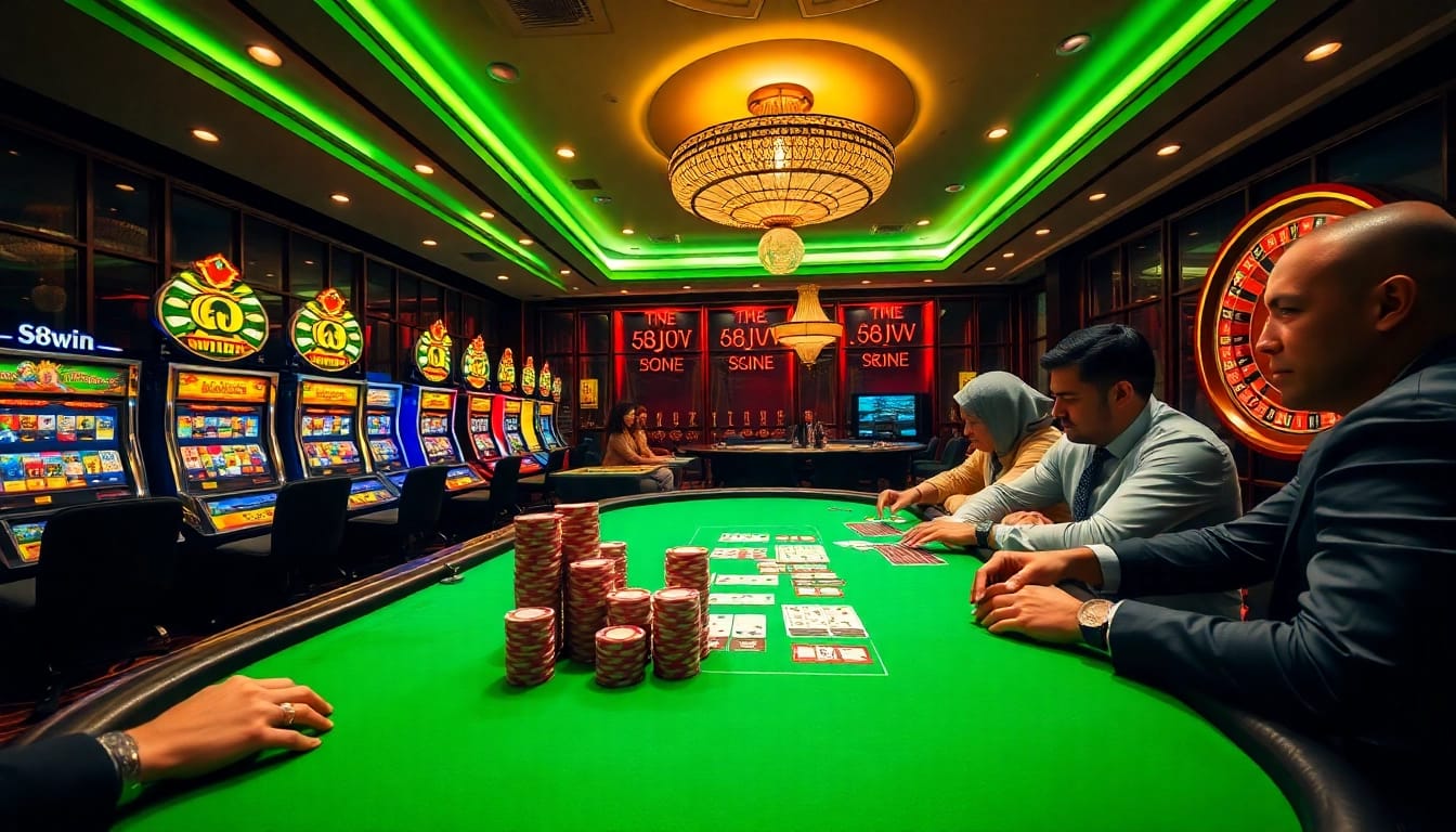 Players enjoying thrilling games at the 68win casino, featuring poker and roulette under vibrant lighting.