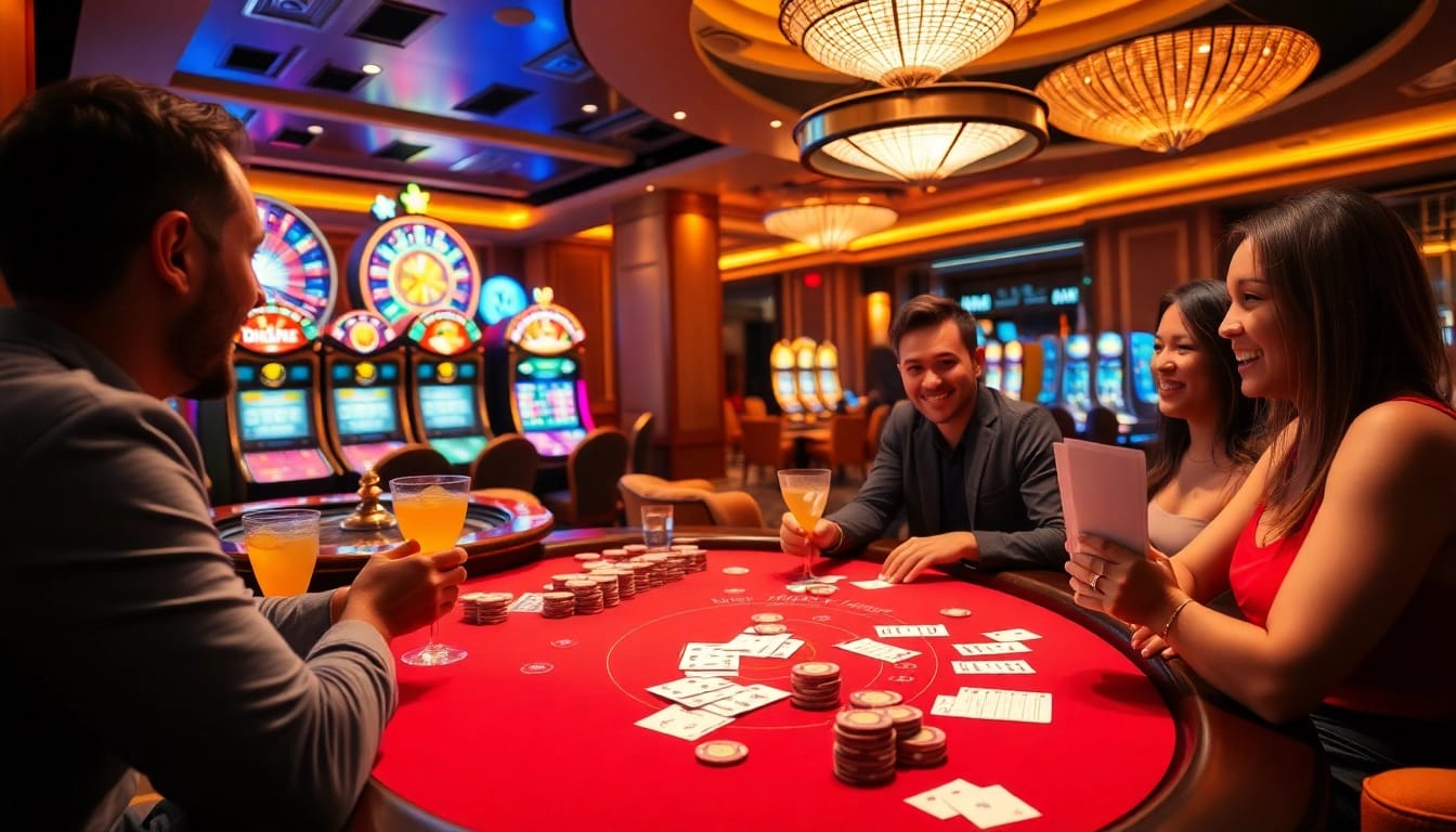 Players enjoying a thrilling game at MMOO casino with vibrant poker tables and roulette wheel.
