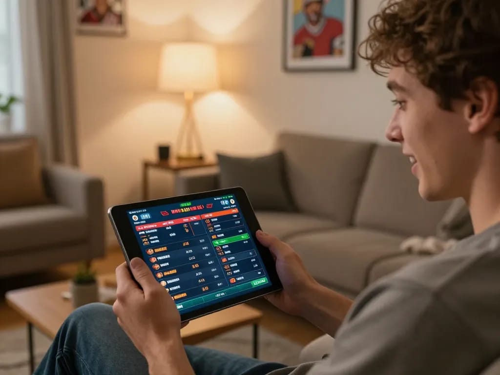 TOPBET user placing sports bets on a tablet in a cozy home setting