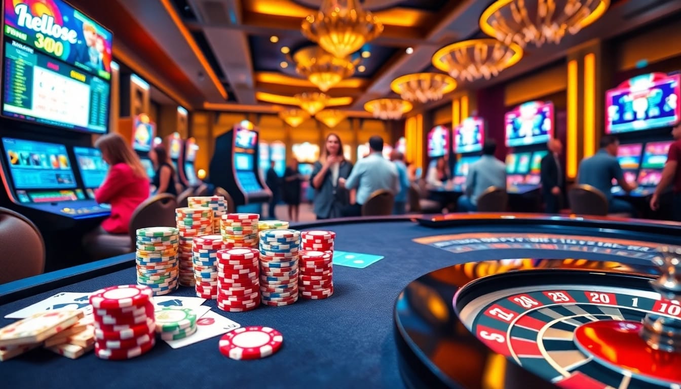 Playing online casino games at hello88 with vibrant poker chips and a roulette wheel.