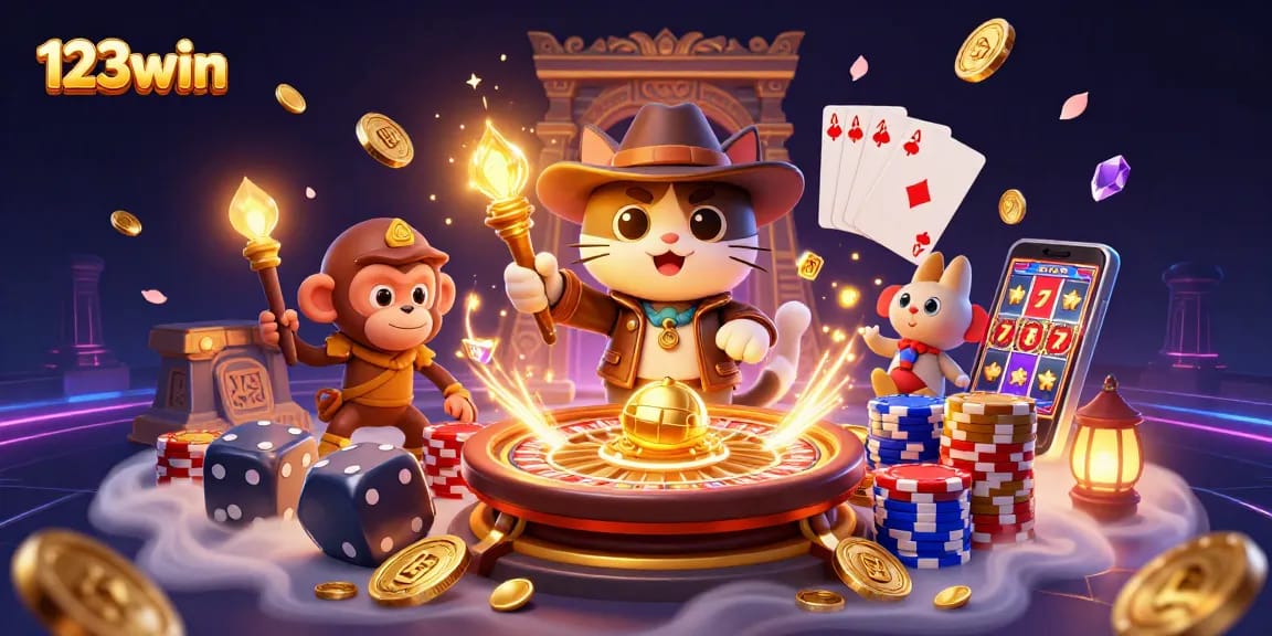 Win exciting rewards with 123win's vibrant casino adventure featuring ornate treasures and thrilling games.