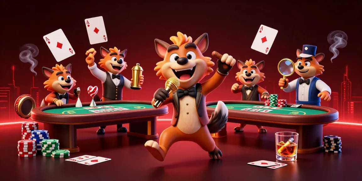 Experience the vibrant energy of 79king's comedic casino club with lively hyena characters.