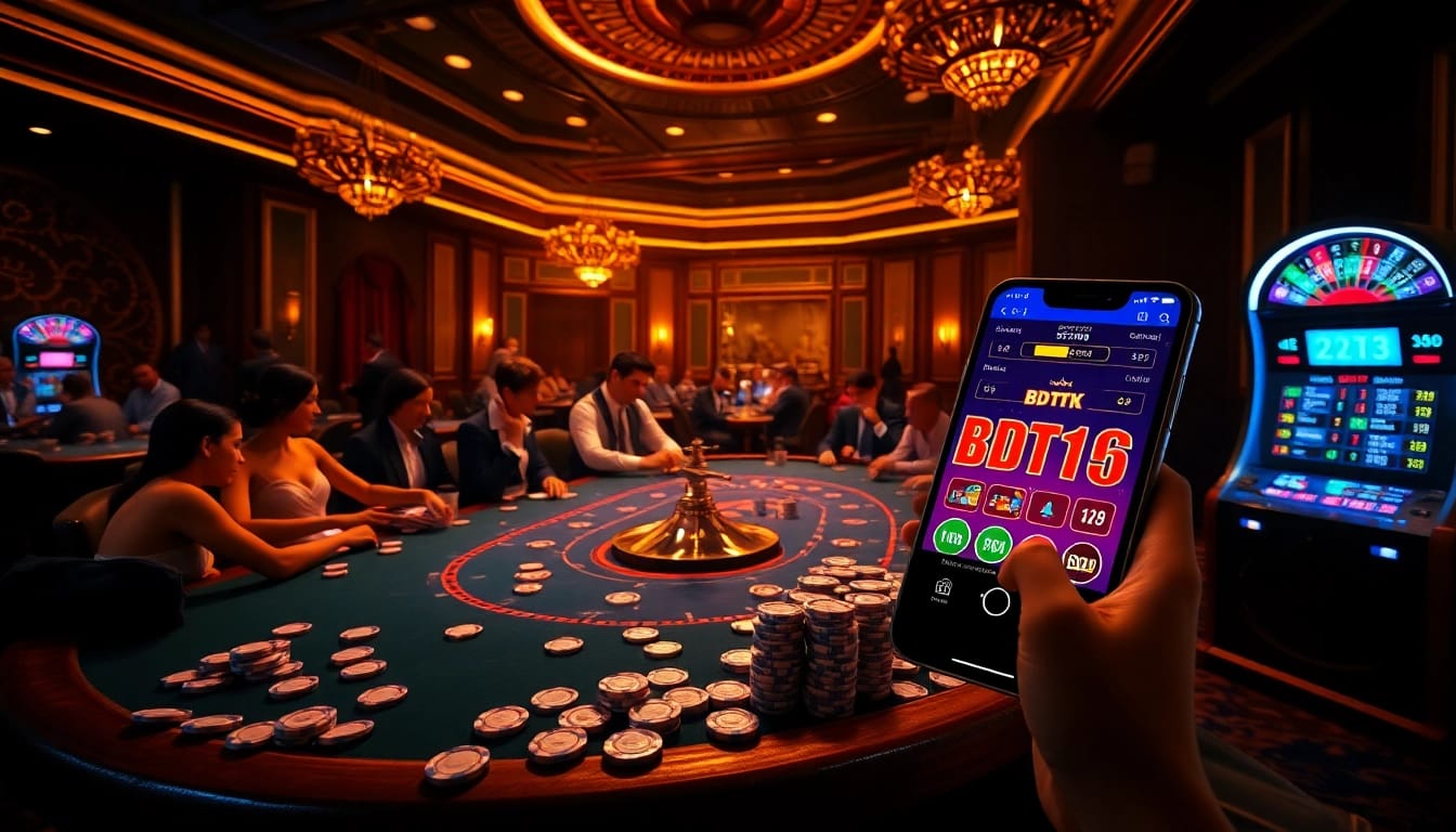 Engaged players using the BDTK1 app in a luxurious casino atmosphere.