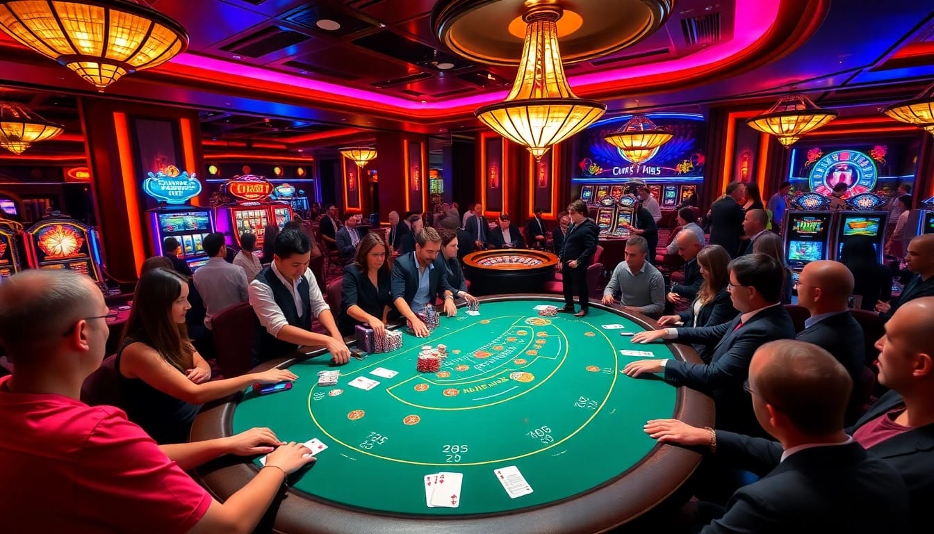 Players enjoying an exciting game of blackjack at tk88 casino, surrounded by vibrant slot machines.