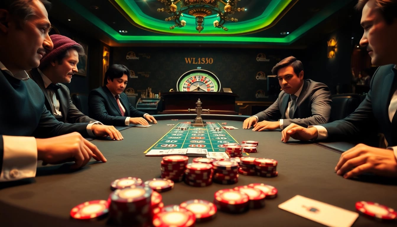 Players enjoying a high-stakes poker game at a luxurious casino table featuring ww88 com elements.