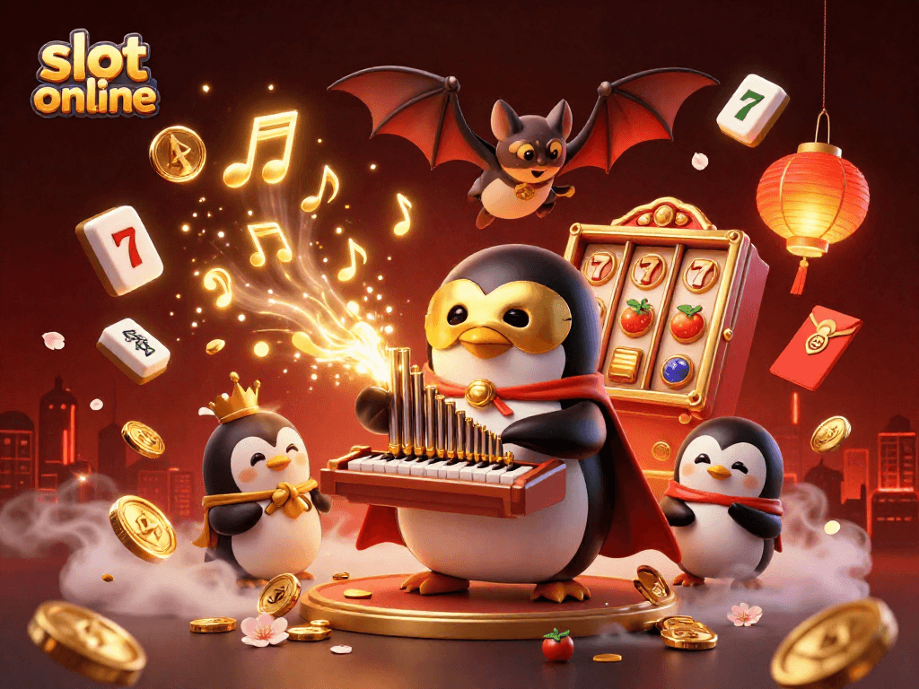 Experience thrill with slot online as a penguin plays organ amid gold coins and festive decor.