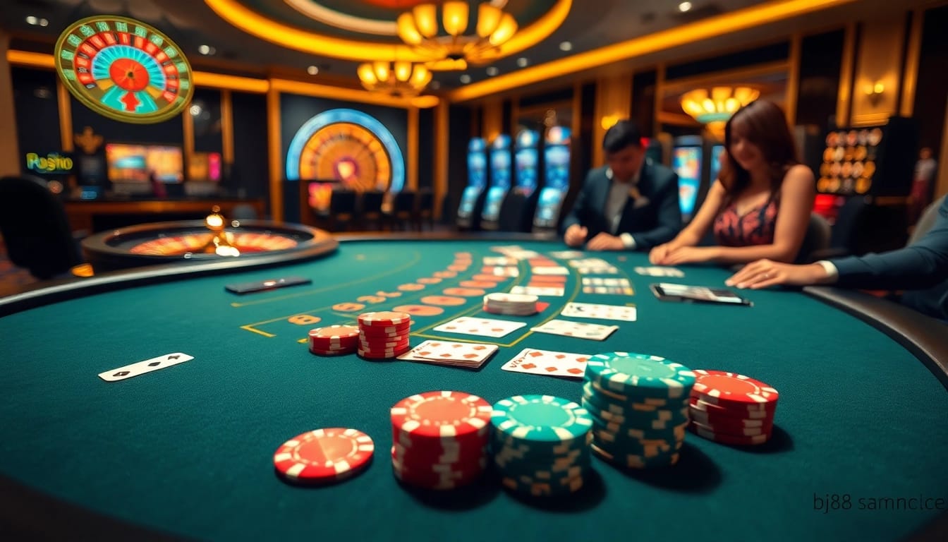 Experience the thrill of gambling at BJ88 with an elegant casino setup showcasing blackjack tables and vibrant slots.