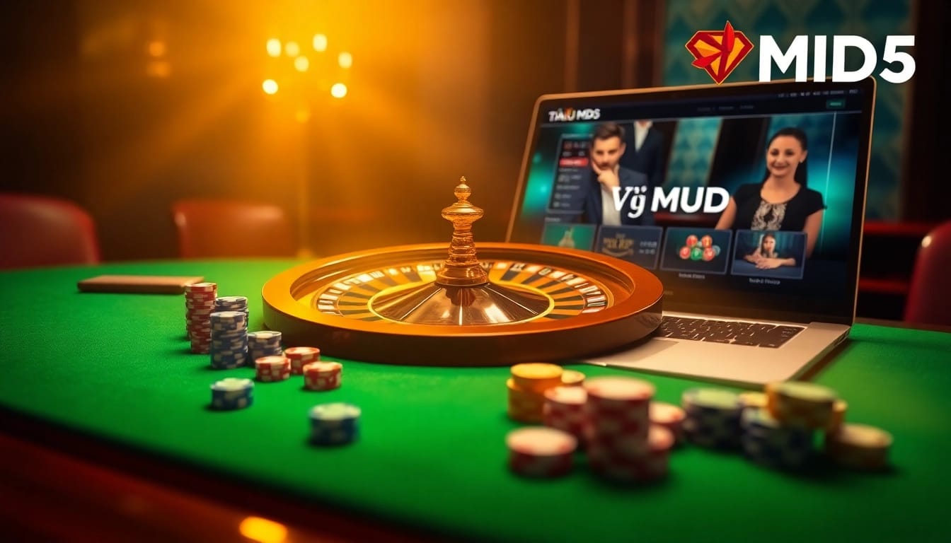Taking a gamble at Tài Xỉu MD5 with dice and poker chips on a luxurious casino table.
