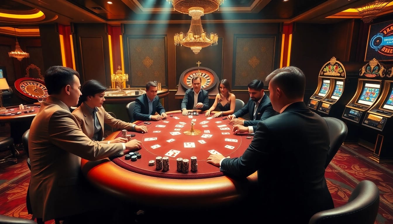 Players strategizing a high-stakes poker game at 98win's luxurious casino table.