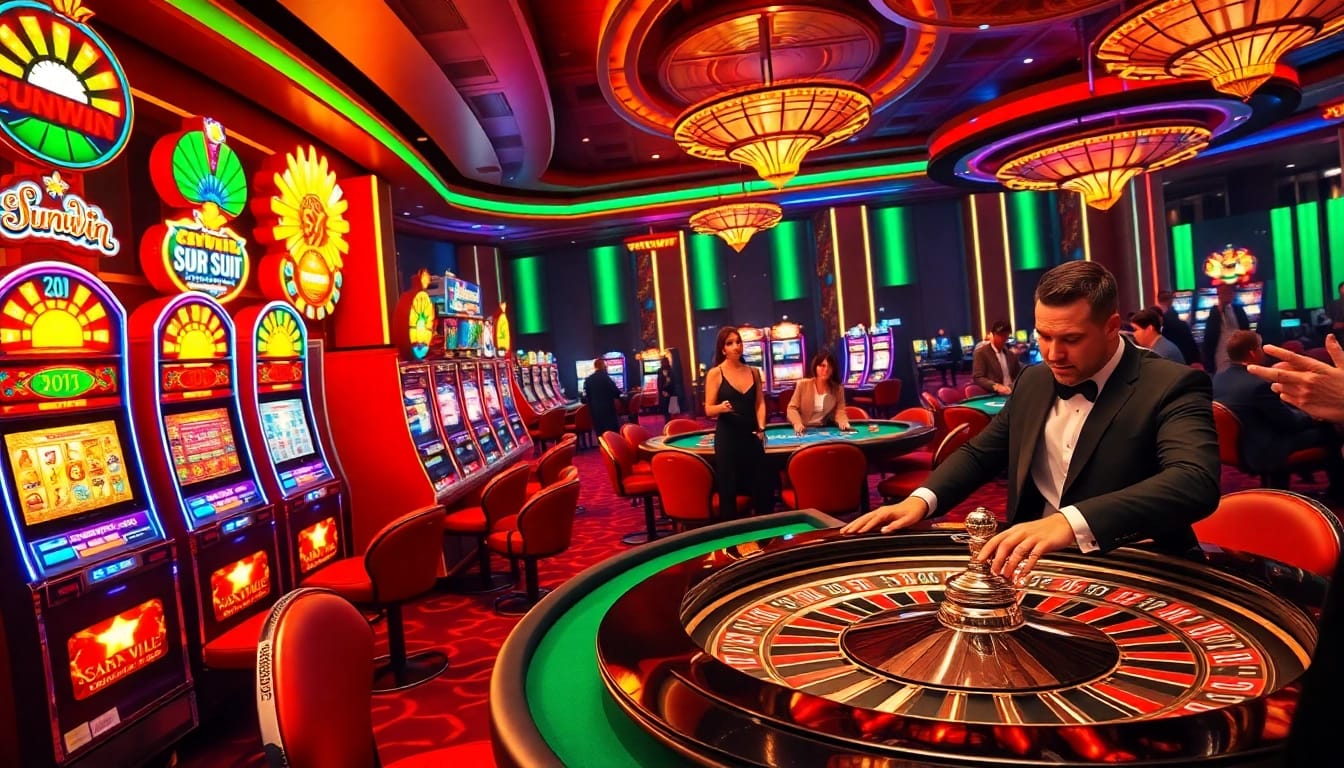 Players enjoy vibrant slot machines at sunwin casino with exciting gameplay and elegant decor.