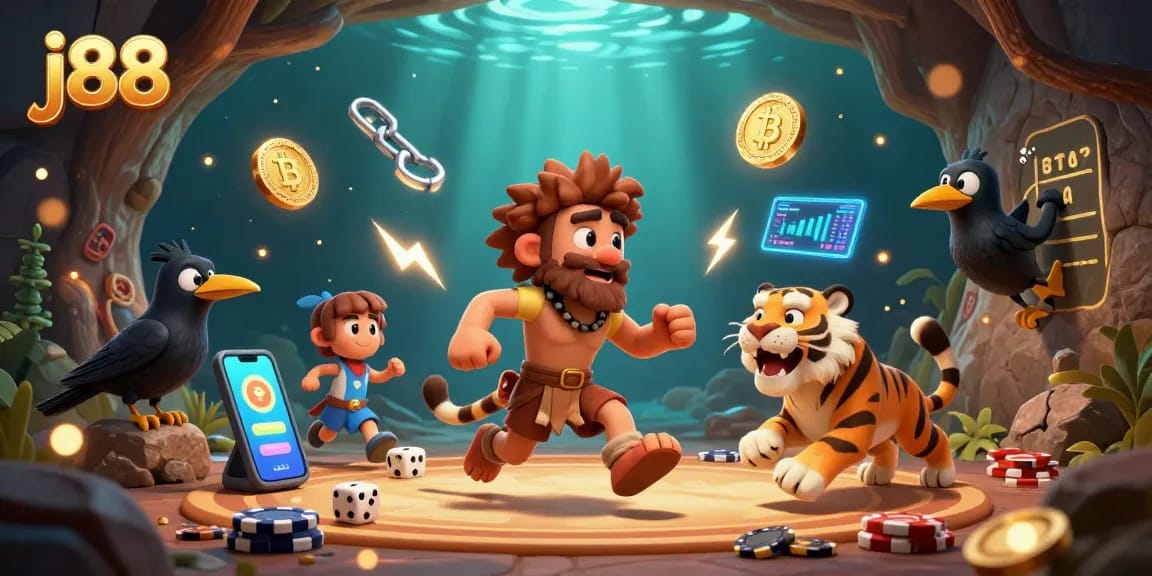 Engage with j88's playful prehistoric casino scene featuring cartoon characters and glowing crypto elements.