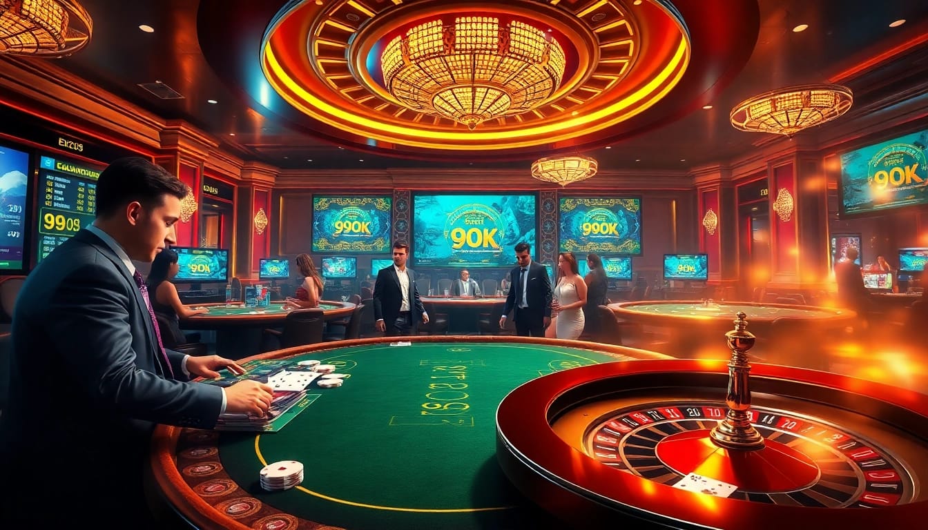 Experience the thrill of 99OK with vibrant gaming tables and immersive casino visuals.
