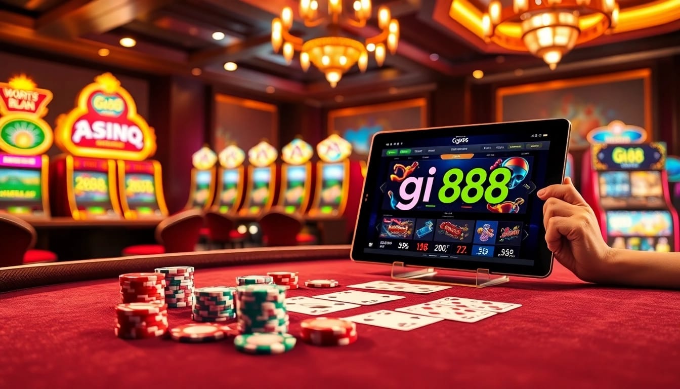 Experience the excitement of gi88 at a luxury casino table with vibrant poker chips and cards.